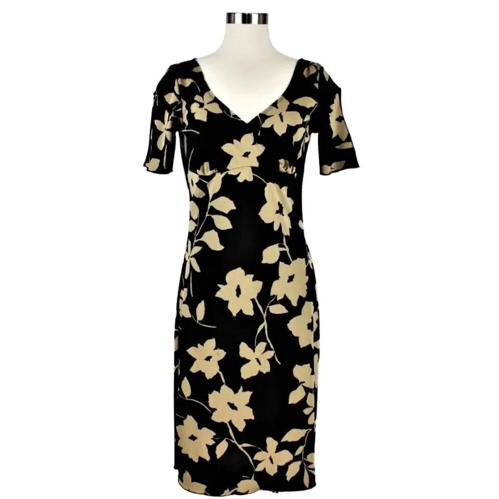 Minimalist Black & Tan Floral Shift Dress Short Sleeve Knee Length Size Lg